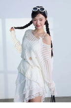 White Lace Trim Asymmetric Tiered Dress And Skirt