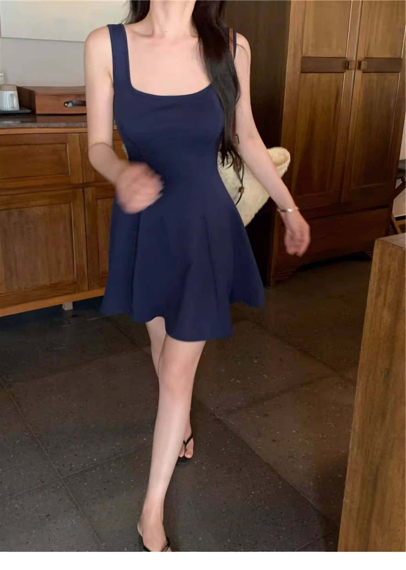 Navy/Green/Grey/Black Square Neck Sleeveless A Line Mini Dress
