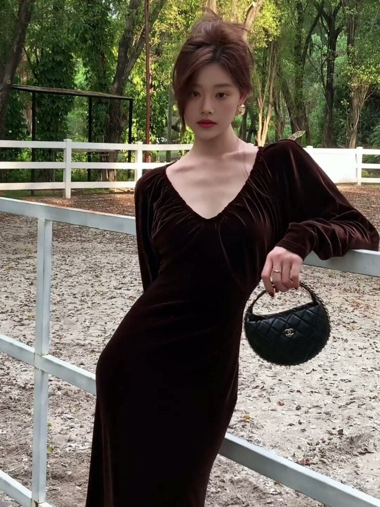 Coffee Velvet Ruched V Neck Long Sleeve Bodycon Maxi Dress