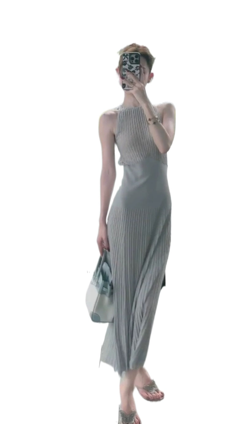 Gray Halter Pleated Sleeveless Bodycon Midi Dress