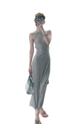 Gray Halter Pleated Sleeveless Bodycon Midi Dress