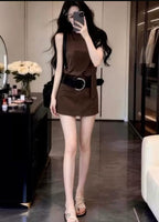 Coffee Brown Belted A-Line Mini Dress Set