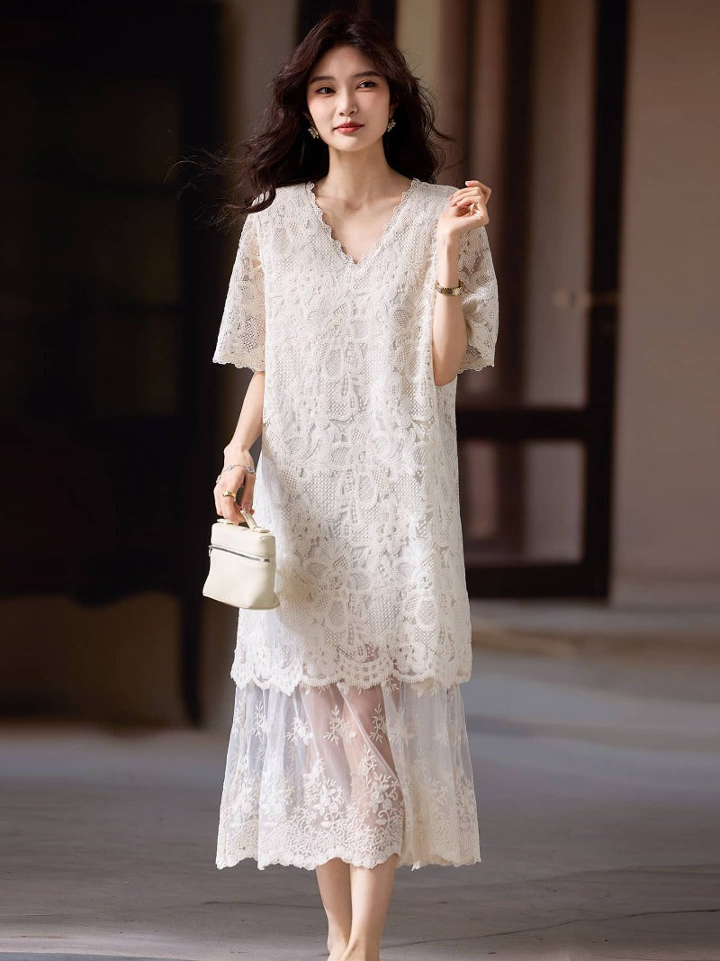 Ivory V Neck Lace Short Sleeve Shift Midi Dress