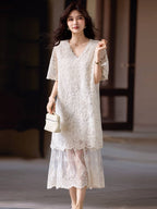 Ivory V Neck Lace Short Sleeve Shift Midi Dress