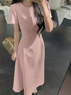 Round Neck Short Sleeve High Waist A-Line Maxi Dress