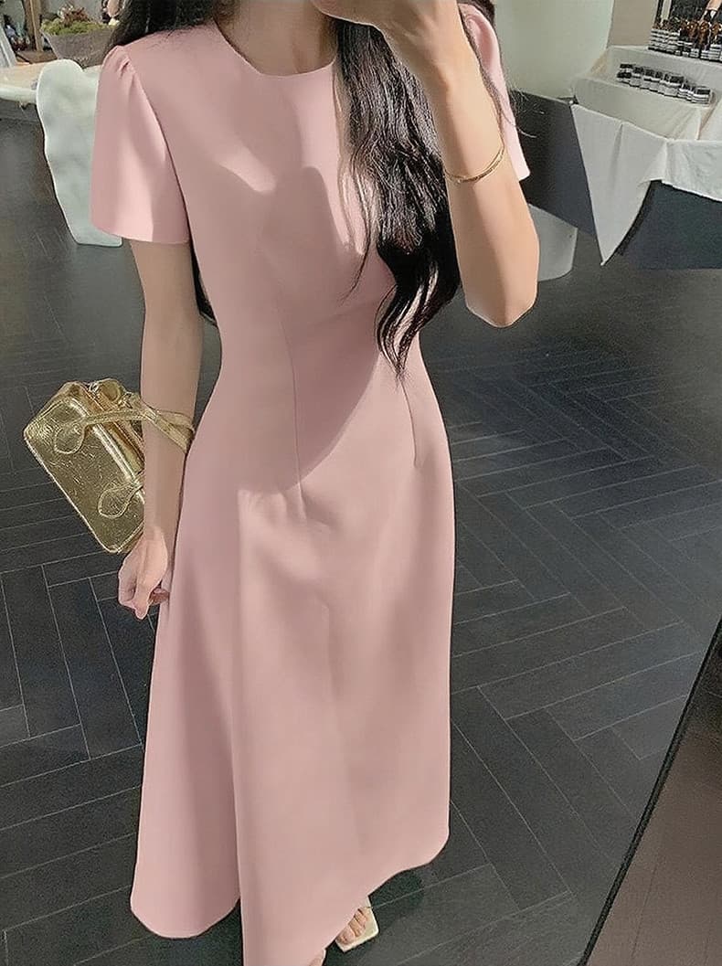 Round Neck Short Sleeve High Waist A-Line Maxi Dress