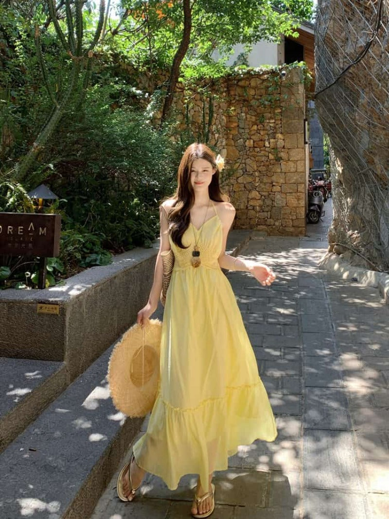 Lace Back Halter A-Line Maxi Dress