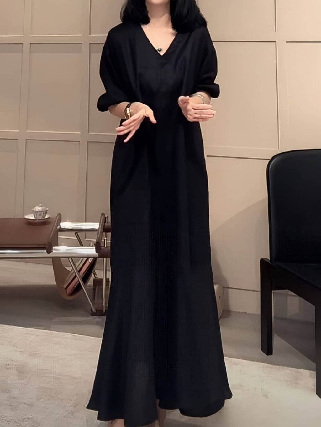 V-Neck Puff Sleeve High Waist A-Line Maxi Dress