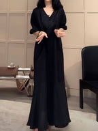V-Neck Puff Sleeve High Waist A-Line Maxi Dress