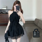 Flirty Black Ruffle Halter High-Low Mini Dress