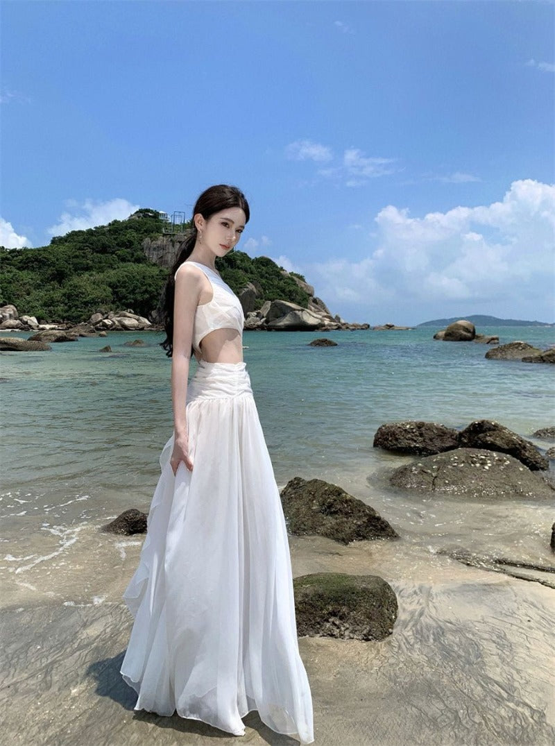 Coastal Muse White Cutout One Shoulder Maxi Dress