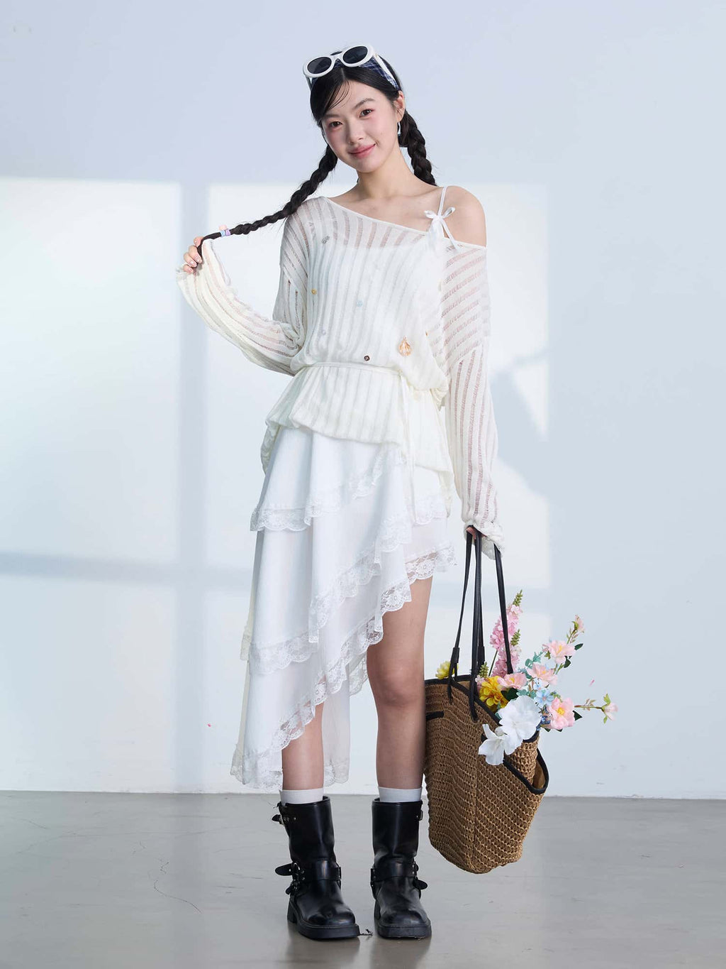 White Lace Trim Asymmetric Tiered Dress And Skirt