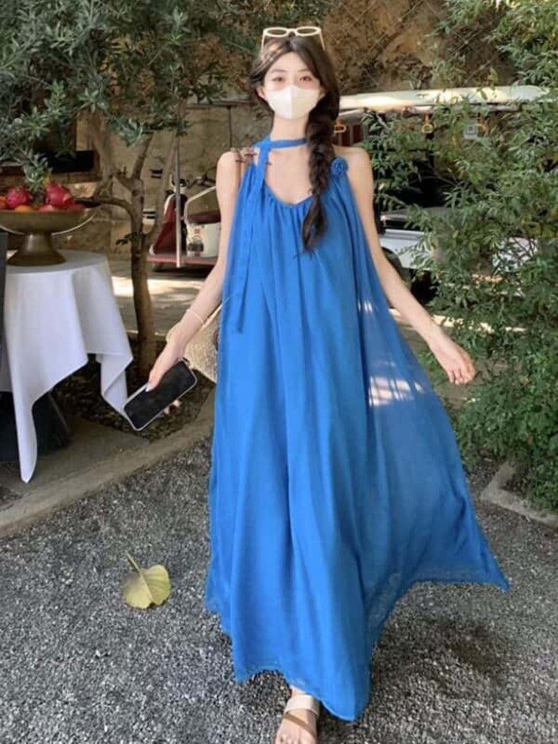 Plus Size Halter Neck Sheer A-Line Maxi Dress