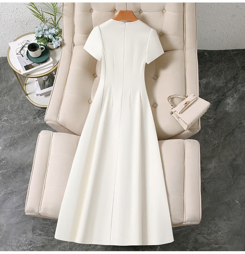 Round Neck Short Sleeve High Waist A-Line Maxi Dress