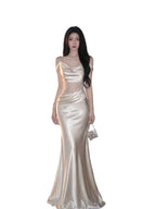 Ivory Cowl Neck Cutout Satin Mermaid Maxi Dress