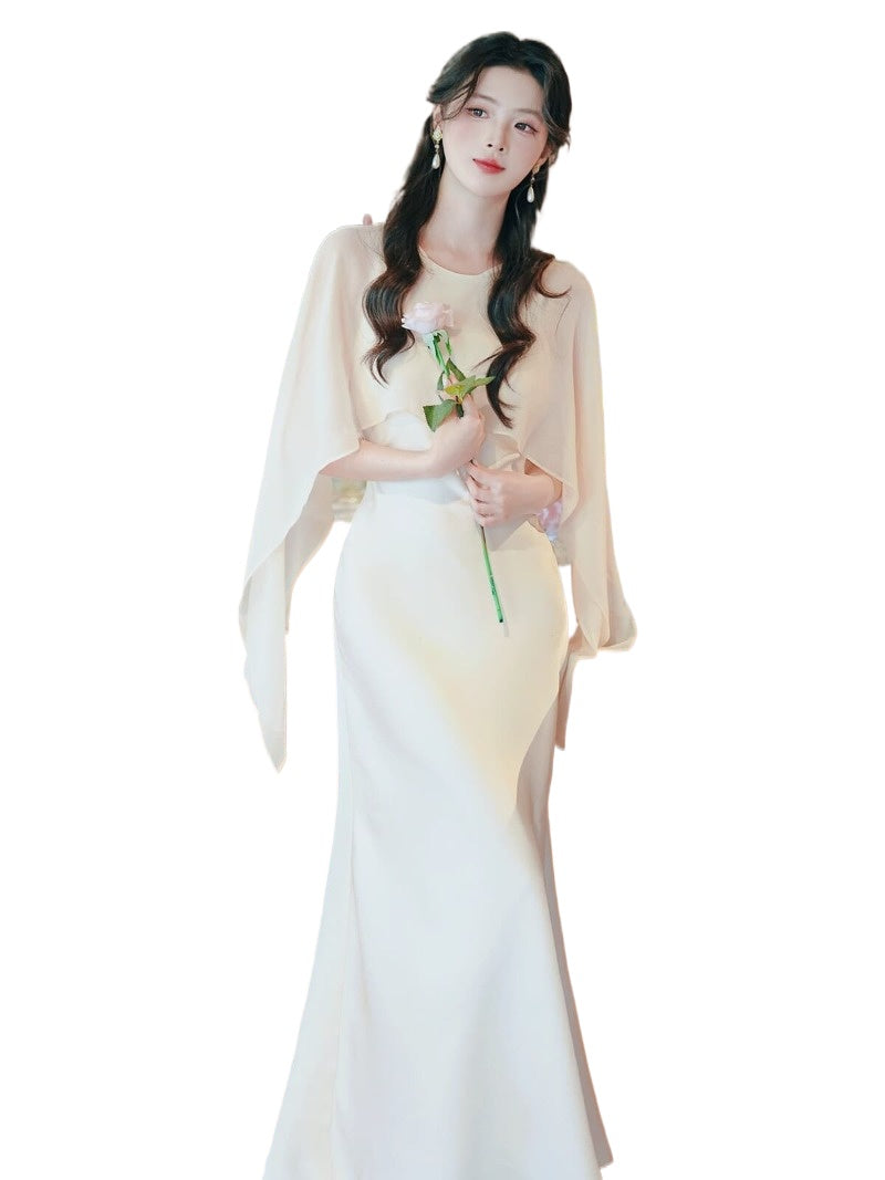 Elegant Round Neck Cape Overlay Mermaid Maxi Dress Main image