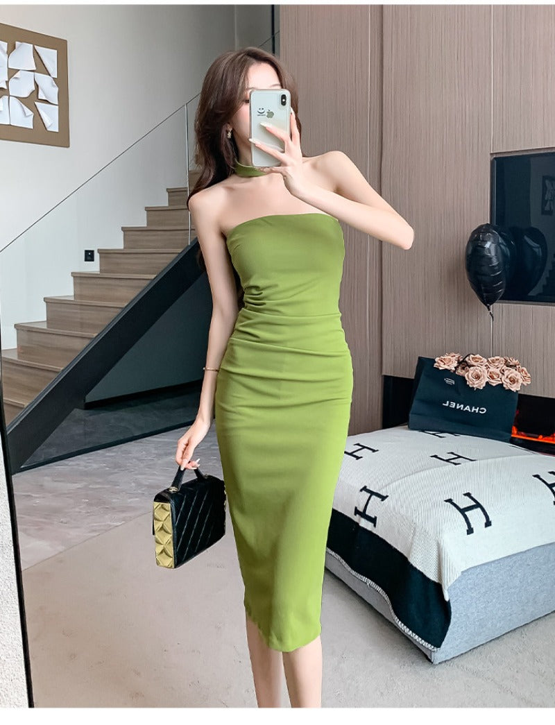 Strapless Scarf Neck Bodycon Midi Dress