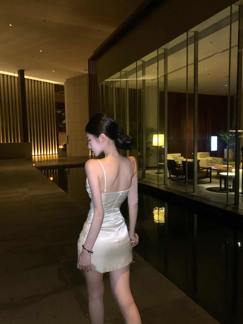 White Sultry Satin Sequin Bodycon Mini Dress