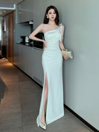 Cream One Shoulder Ruched Mermaid Maxi Dress