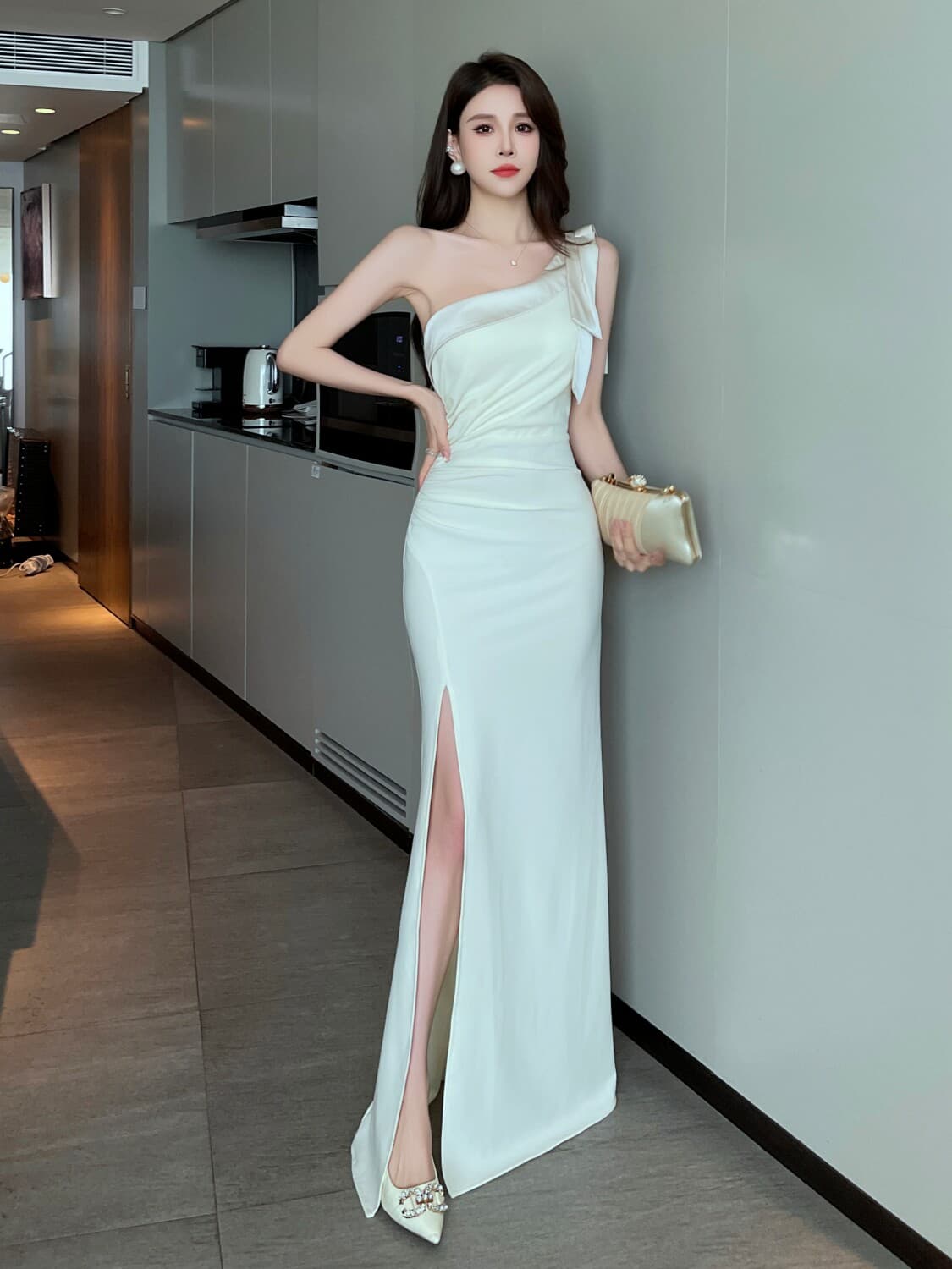 Cream One Shoulder Ruched Mermaid Maxi Dress