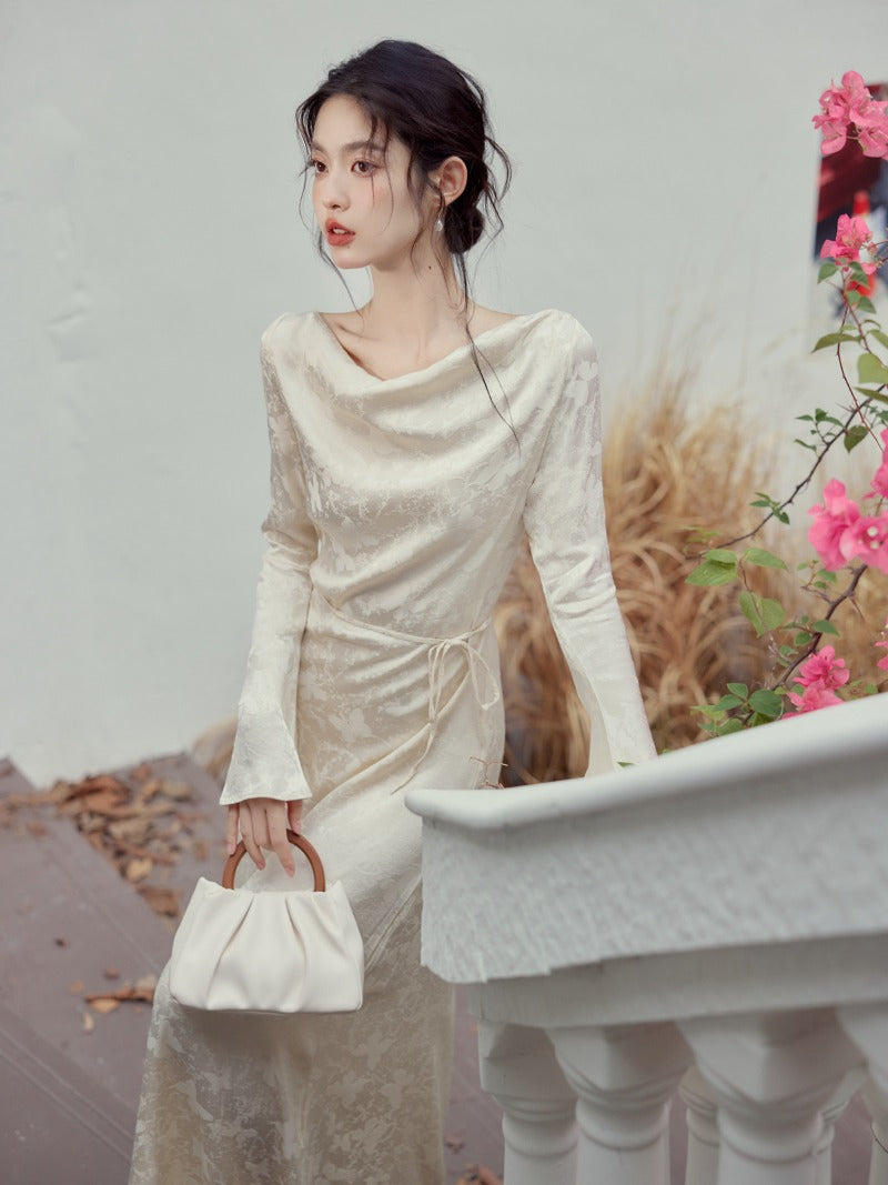 Cowl Neck Lantern Sleeve Pleated A-Line Maxi Dress