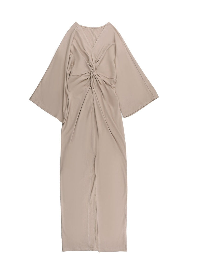 Khaki V Neck Knot Draped Long Sleeve Maxi Dress