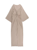 Khaki V Neck Knot Draped Long Sleeve Maxi Dress