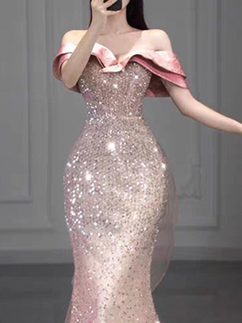Pink Off Shoulder Sequin Mermaid Maxi Dress