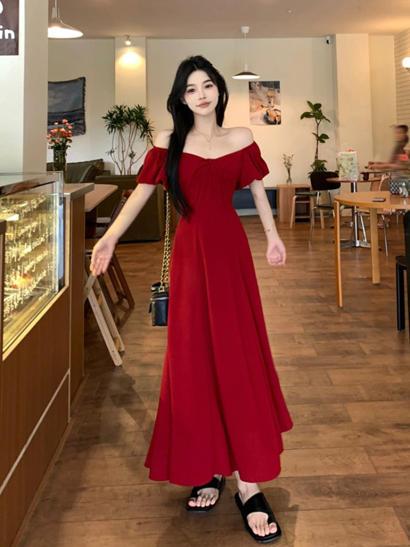 Wine Red V Neck Puff Sleeve Tie Back A-Line Maxi Dress
