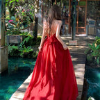Red Halter Flower Draped A-Line Maxi Dress
