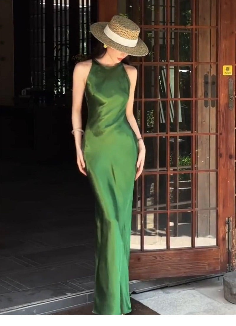 Green Satin Sleeveless Side Slit Bodycon Maxi Dress