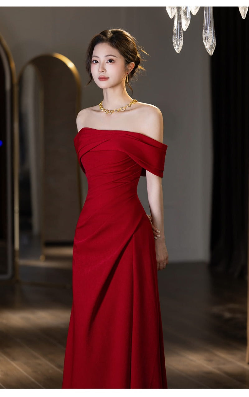 Wine Red Off Shoulder Draped A-Line Maxi Dress