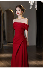 Wine Red Off Shoulder Draped A-Line Maxi Dress