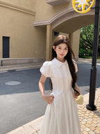 White Collared Button Front Waist Maxi Dress