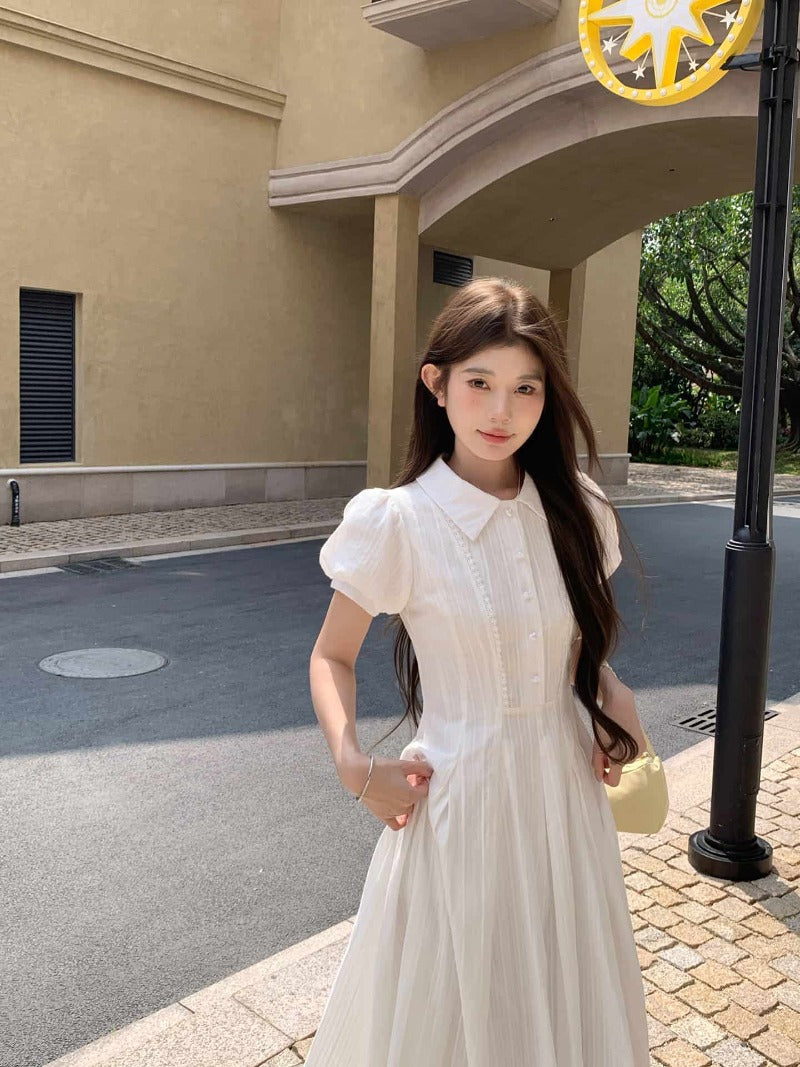 White Collared Button Front Waist Maxi Dress