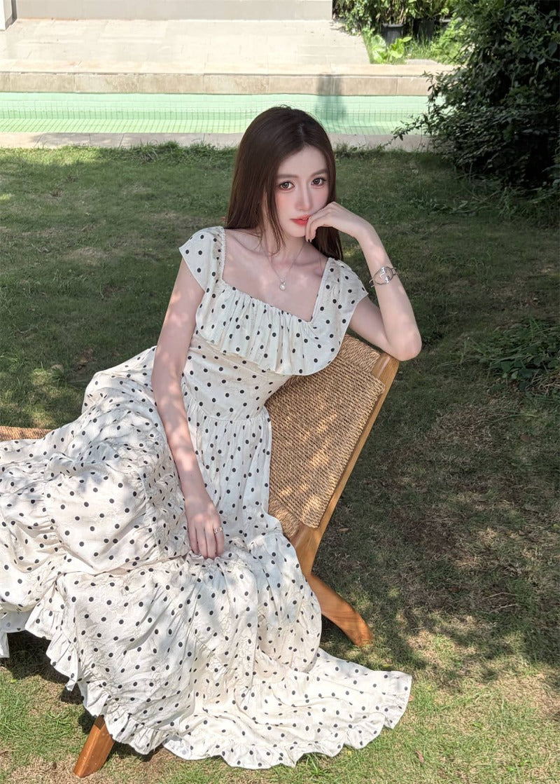 Off-Shoulder Polka Dot Tiered Maxi Dress