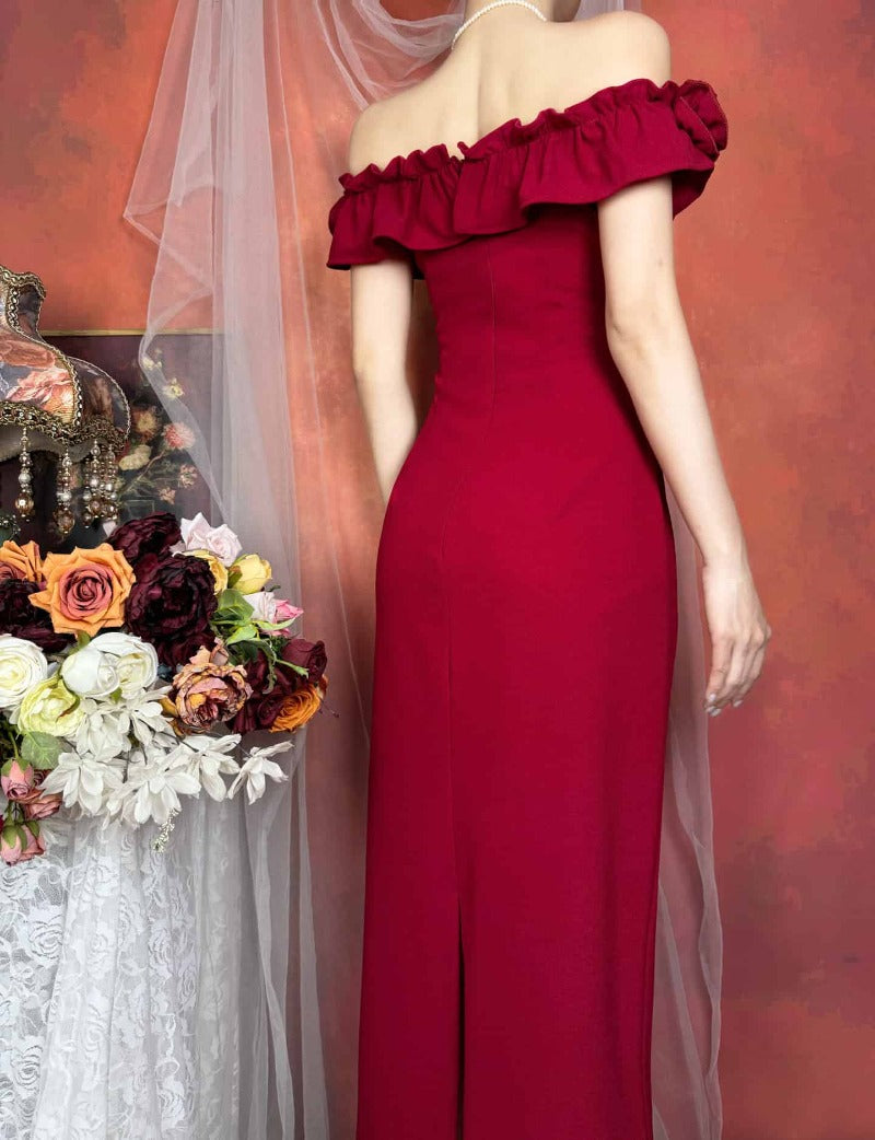 Off Shoulder Rose Appliqué Slit Maxi Dress