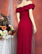 Off Shoulder Rose Appliqué Slit Maxi Dress