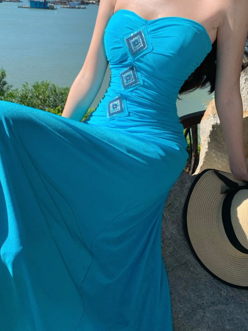 Blue Strapless Rhinestone Ruched Mermaid Maxi Dress