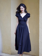 Pink/Black V Neck Ruffle Sleeve Midi Dress