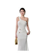 White One Shoulder Draped Fishtail Maxi Dress