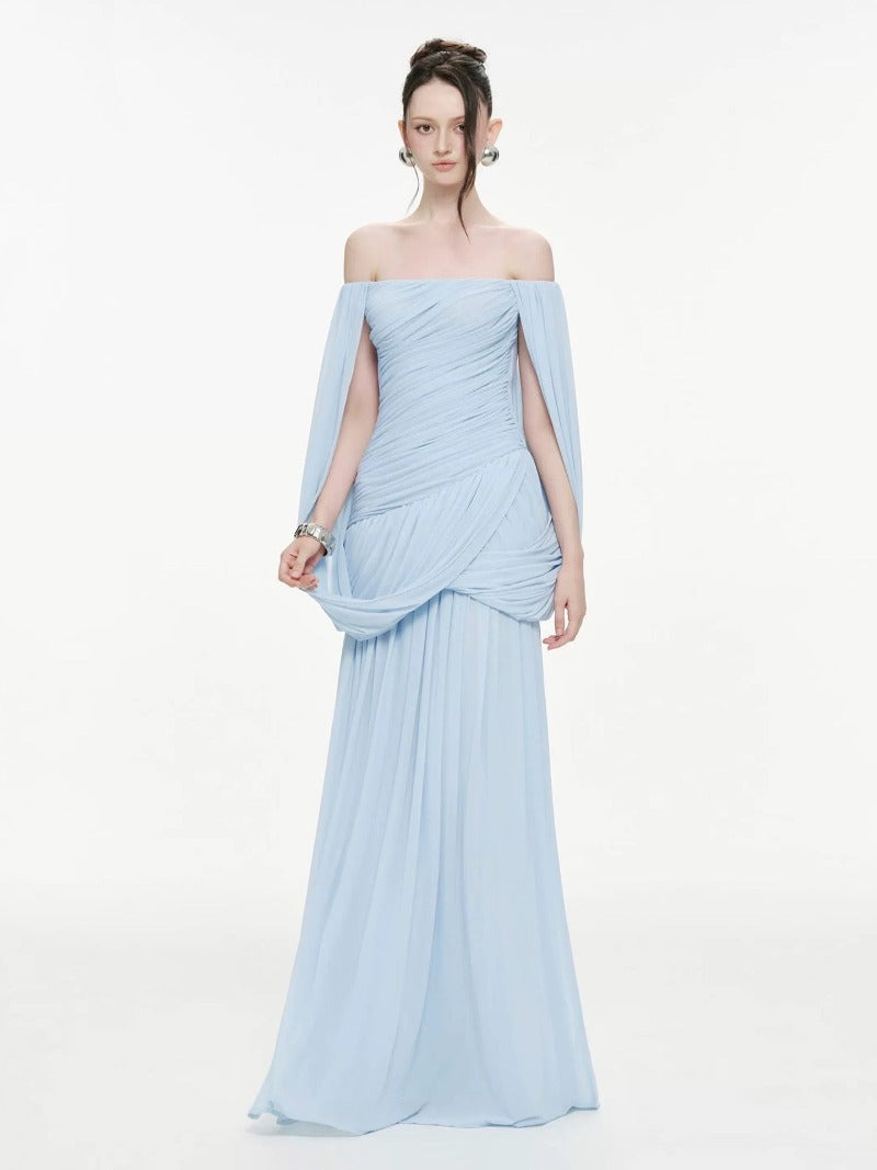 Sculpted Drape Off Shoulder Cape Maxi Dress
