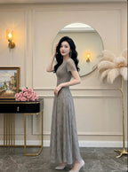 Draped V Neck Lace Sleeve Bodycon Maxi Dress