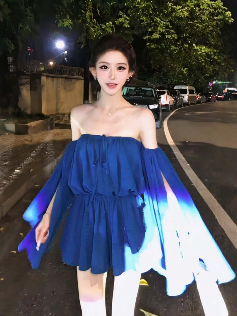 Blue Off Shoulder Cape Sleeve Tie Waist Mini Dress
