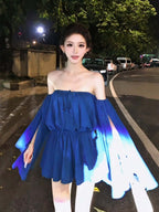 Blue Off Shoulder Cape Sleeve Tie Waist Mini Dress
