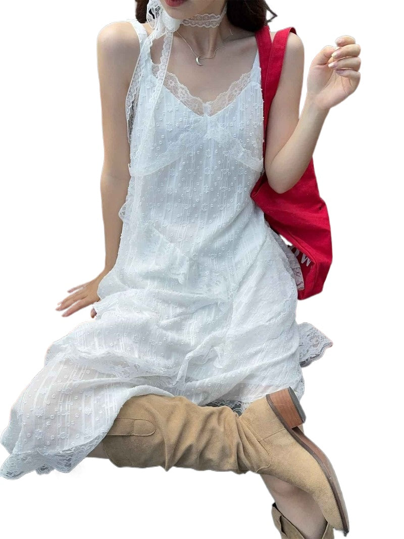 Romantic White Lace Tiered Asymmetric Midi Dress