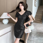 Sequin V Neck Ruched Bodycon Mini Dress