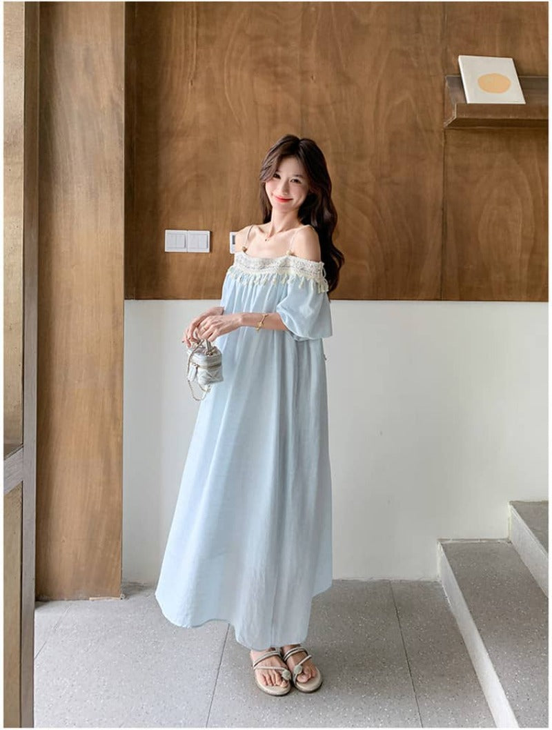 Light Blue Tassel Trim Off-Shoulder Maxi Dress