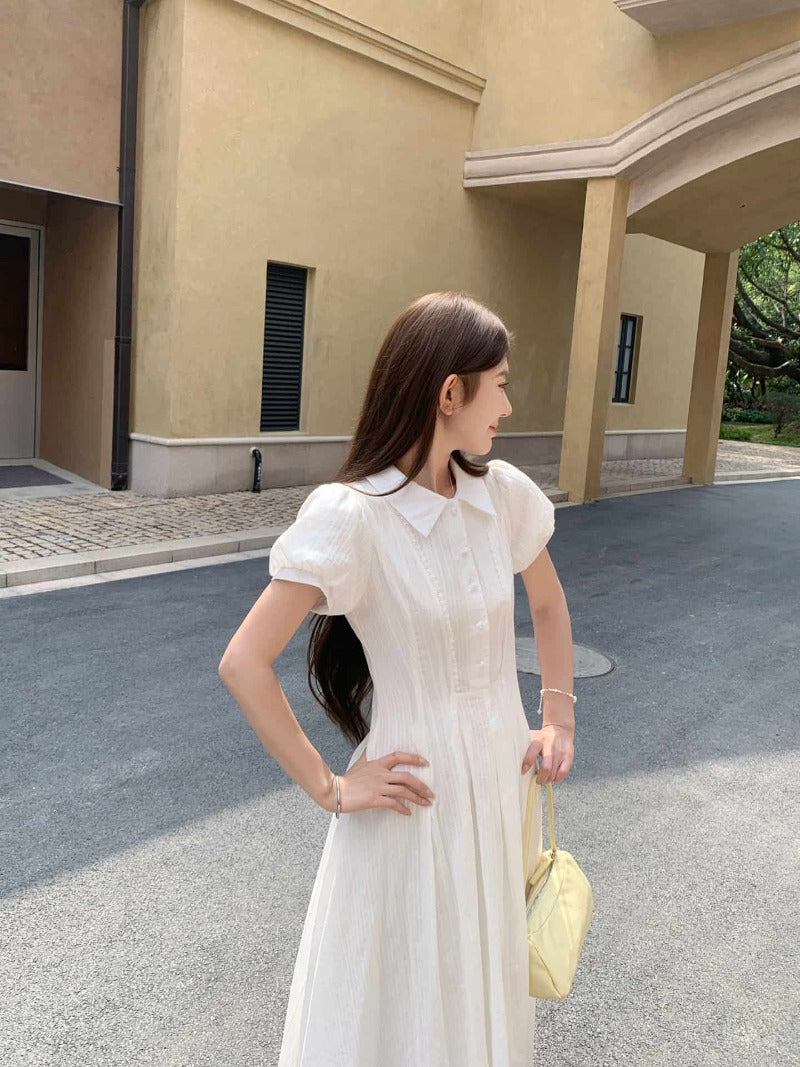 White Collared Button Front Waist Maxi Dress