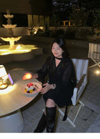 Black Tie Neck V-Neck 3/4 Sleeve Chiffon A-Line Mini Dress